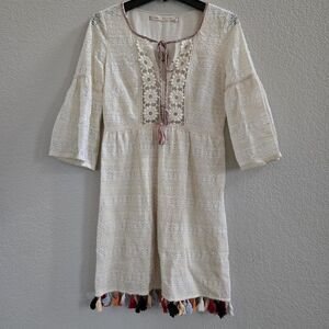 Chelsea and Violet Ivory Lace Bohemian Dress Sz S Lined Bell Long Sleeve Tassel